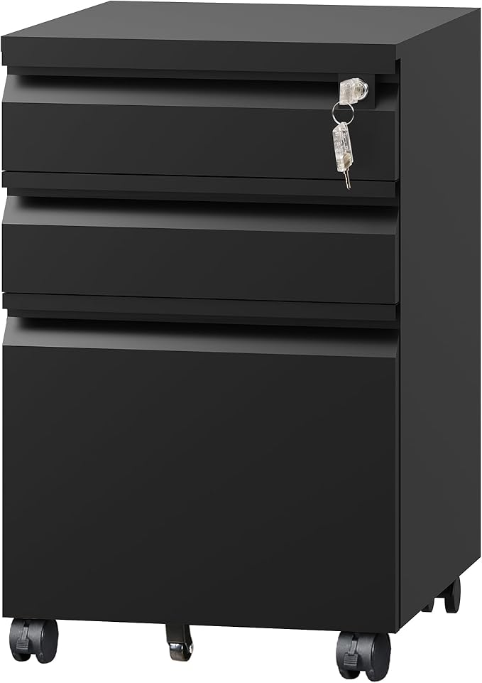 DEVAISE 3 Drawer File Cabinet, Metal Filing Cabinet with Lock, Under Desk Cabinet with Wheels for Home Office, Fits Legal/A4/Letter Size, Un-Assembled, Black