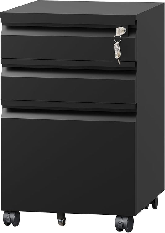 DEVAISE 3 Drawer File Cabinet, Metal Filing Cabinet with Lock, Under Desk Cabinet with Wheels for Home Office, Fits Legal/A4/Letter Size, Un-Assembled, Black