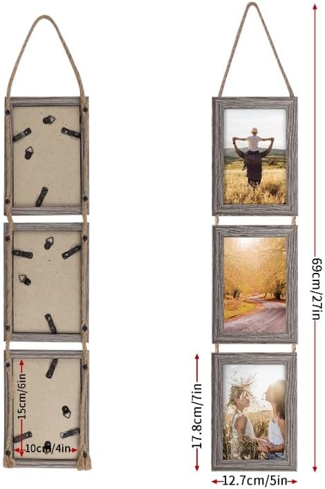 Lavezee 4x6 Picture Frames Collage Rustic, Three 4 x 6 Hanging Picture Frames for Vertical 4 by 6 Inch Photos for Wall