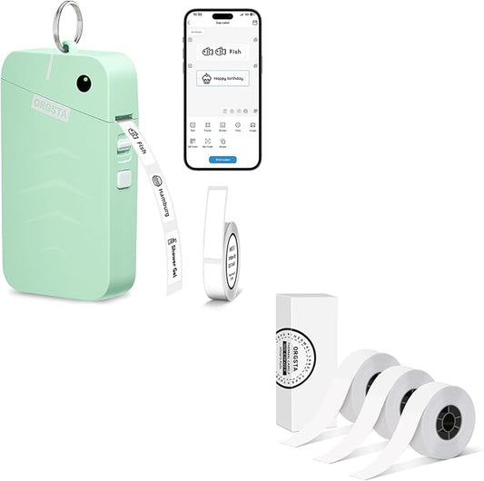 ORGSTA S001 Label Maker Machine with Tape, Portable Bluetooth Label Maker for Home and Office Organization, Thermal Label Printer Mini Label Maker with 3 Roll Continuous Label Tapes - White