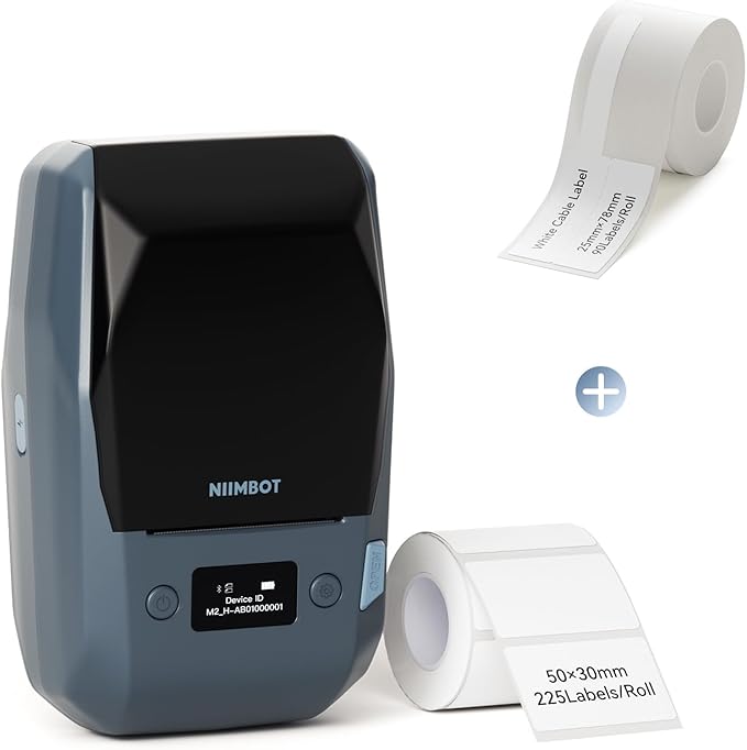 NIIMBOT M2 Thermal Transfer 2Inch Bluetooth Label Maker with White Cable Label Tape for Office Small Business School Home Cable Storage, Compatible with Phones & PC