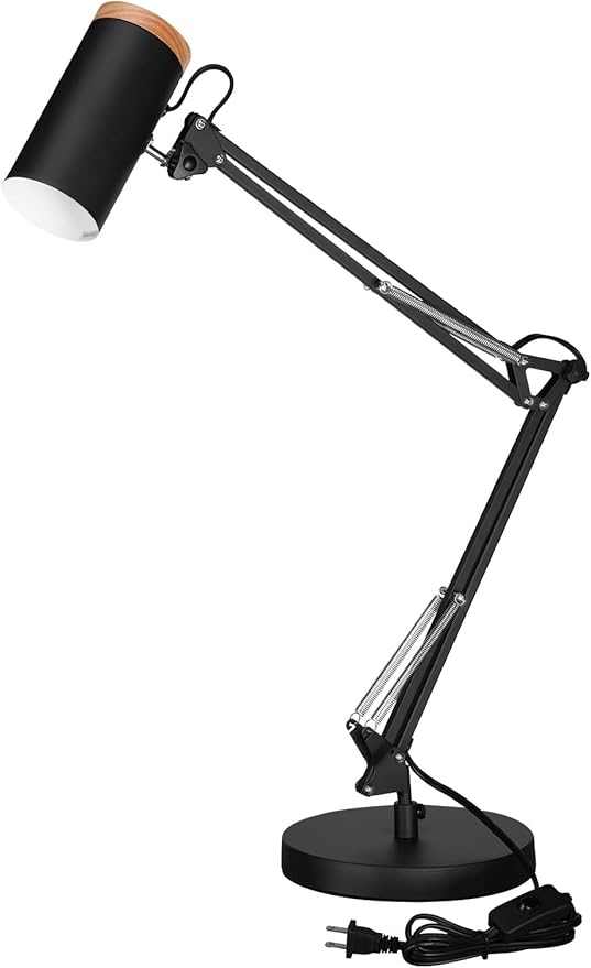 TORCHSTAR Tall Swing Arm Desk Lamp with Wooden Accent, Adjustable Large Size Max Height 31", E26 Base Metal Task Lamp, Office Desktop Lamp with On/Off Switch, for Reading, Study, Workbench, Black