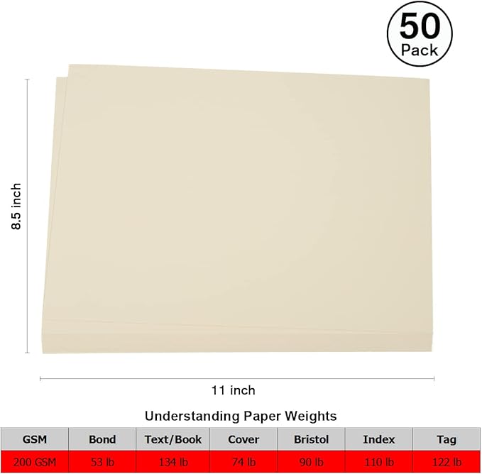 50 Sheets 8.5" x 11" Cream Cardstock, Heavyweight Cardstock Sheets Blank Invitation Paper Greeting Cards Printable, 75lb Cover 200 GSM