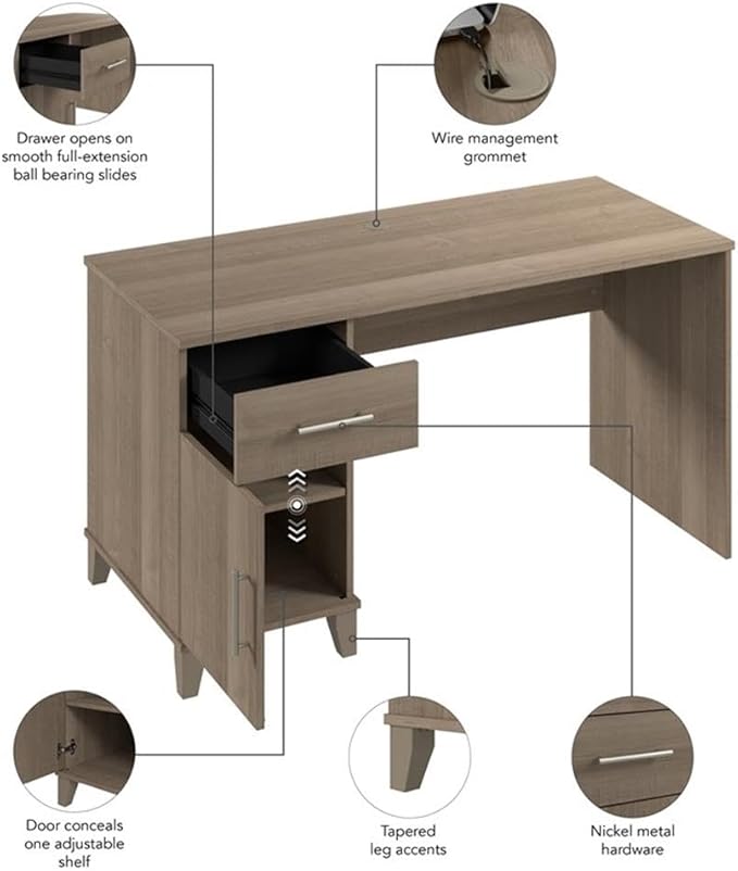 Bush Home Somerset 54W Office Desk with Drawer and Cabinet in Ash Gray, Computer Table with Storage for Home Office Workspace