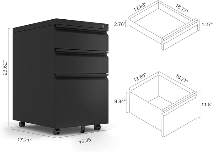 3-Drawer Mobile File Cabinets Rolling Metal Filing Cabinet for Legal & Letter File Anti-tilt Design with Lock Under Desk Office Drawers Fully Assembled Except Casters (Black)