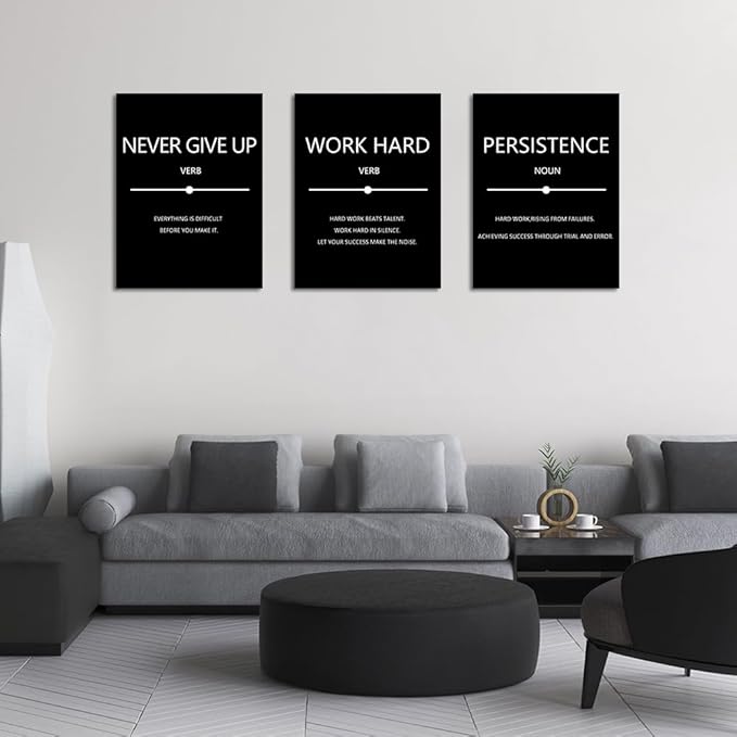 Unbruvo Inspirational Canvas Wall Art, Motivational Office Wall Decor, 3 Pieces Black Never Give Up Positive Quotes Wall Art for Workplace Living Room Bedroom(60''Wx 28''H)