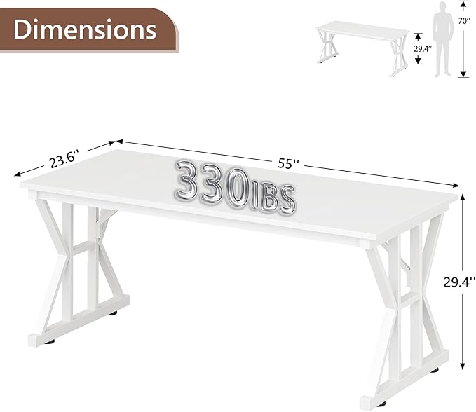 TVU Computer Desk, 55 inch Large Office Desk, Study Writing Table with Thicken Frame, Gaming Desk, Modern Simple Desk for Home Office, White
