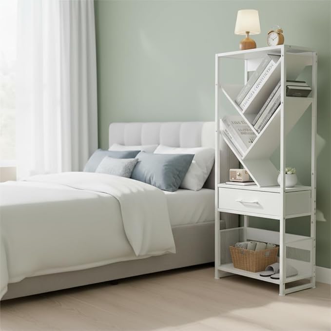 Bookshelf with Drawer,8 Tier Tree Bookcase Retro Floor Standing Bookshelves,Tall Wood Bookcases with Cabinet Storage Organizer for Living Room, Bedroom & Home Office, White