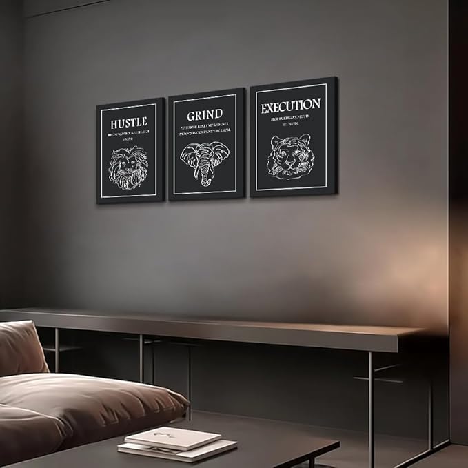 3 Piece Motivational Canvas Wall Art, Hustle Grind Execution Inspirational Wall Decor with Lion Elephant Tiger Line Art, Success Prints Poster for Office & Living Room Home, Framed 12"x16"x3