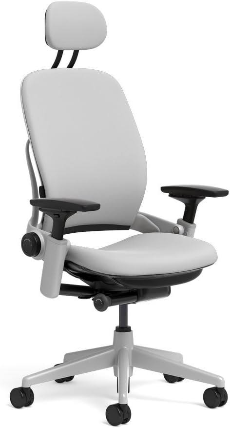 Steelcase Leap Task Chair: Platinum Base - 4D Adjustable Arms - Headrest - Standard Carpet Casters