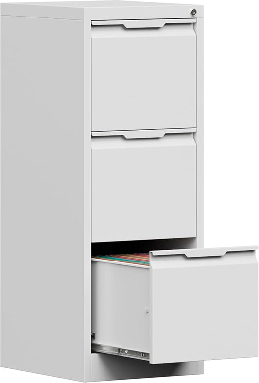 3-Drawer Metal File Cabinet with Lock,Steel Printer Stand with Storage for Home Office,Vertical Filing Cabinet for Legal/Letter/A4 Files,Assembly Required(15''W-3 Drawers,White)