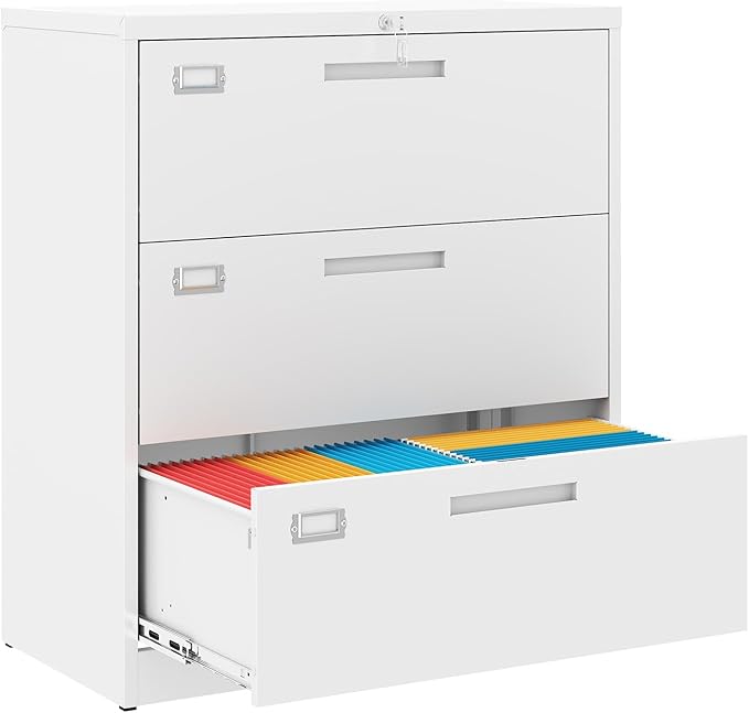 Metal 3 Drawer Lateral File Cabinet with Lock, Wide&Deep Filing Cabinet for Letter/Legal/F4/A4 Hanging Files, Includes Business Card Holder, Home Office School Storage