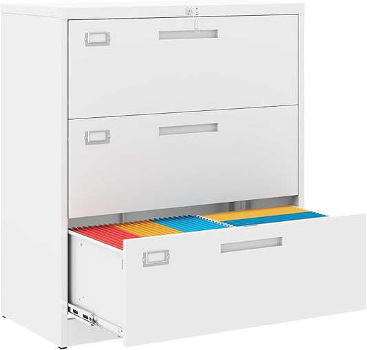 Metal 3 Drawer Lateral File Cabinet with Lock, Wide&Deep Filing Cabinet for Letter/Legal/F4/A4 Hanging Files, Includes Business Card Holder, Home Office School Storage