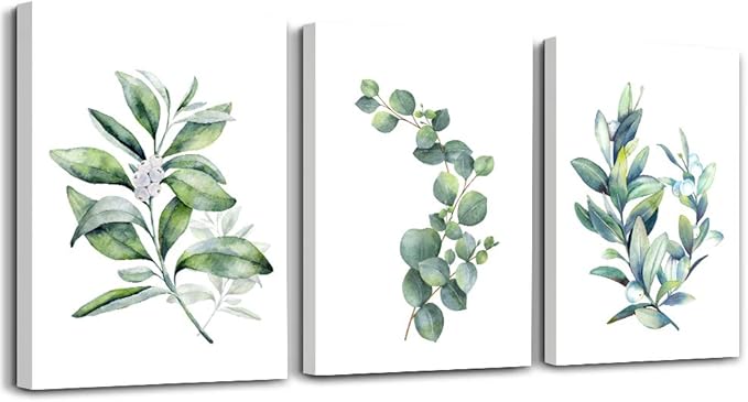 Green leaves Plants Canvas Wall Art for Living Room modern Bathroom Wall Decor for Bedroom Kitchen Home Decorations 3 panel Watercolor painting Canvas Prints Posters Artwork office mural Art works