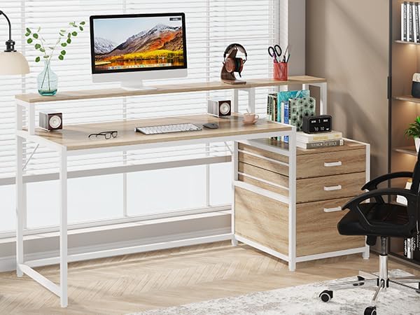 Tribesigns 63 Inch Computer Desk with File Drawer Cabinet, Ergonomic Office Desk with Monitor Stand, Industrial Computer Table with Printer Space, Wood PC Table Workstation Desk for Home Office