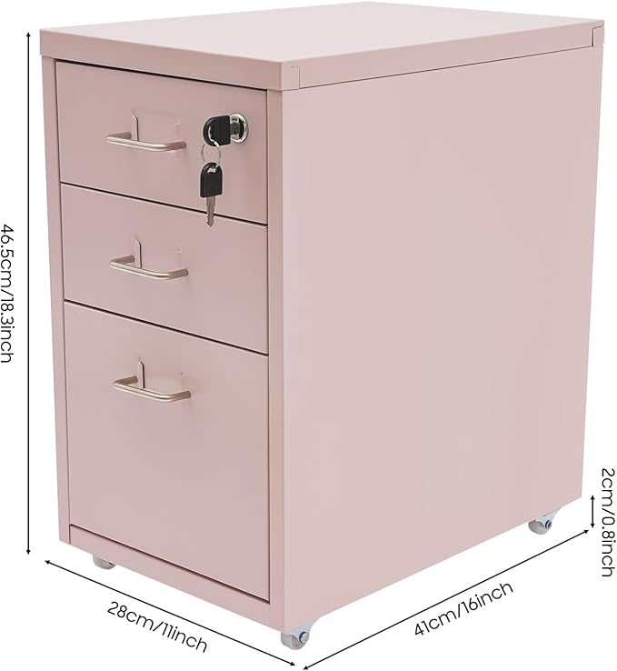3 Drawer File Cabinet with Lock Vertical Filing Storage Cabinet Home Office Metal Vertical File Cabinets for Letter Legal A4 File Size, Assembly Required (Pink, 3 Drawer)