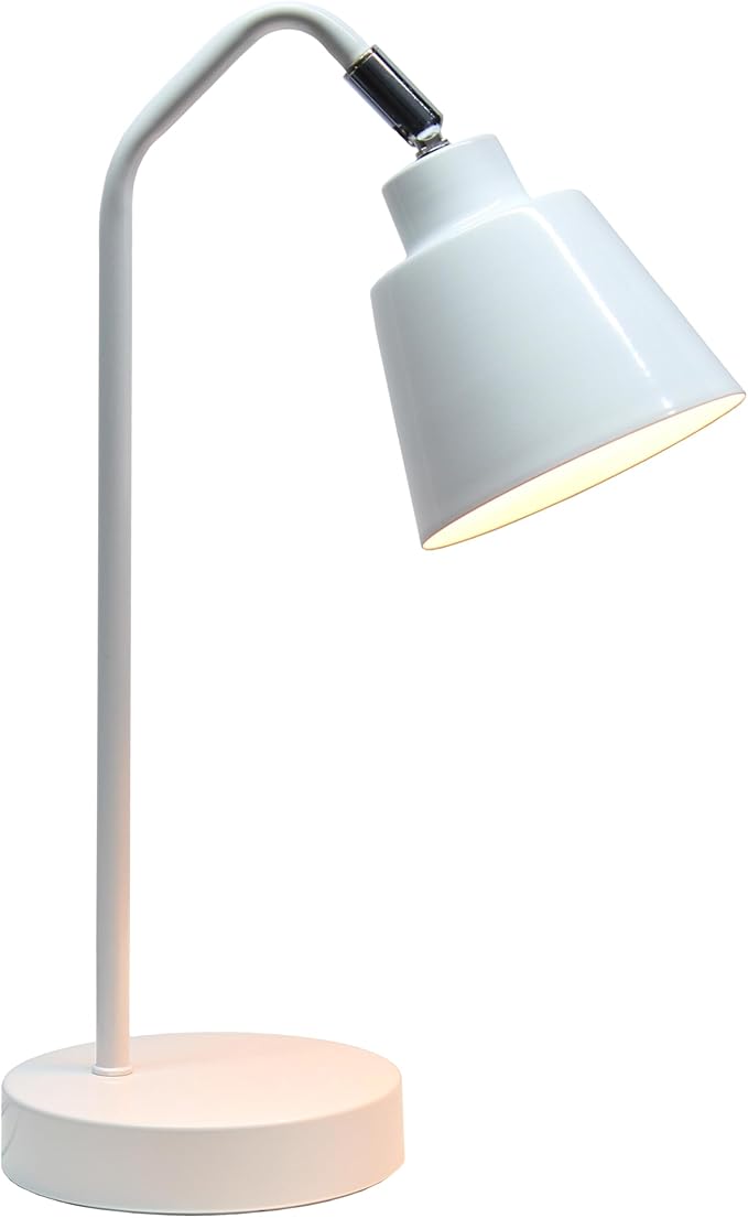 Simple Designs LD1077-WHT 16" Sleek Essentials Adjustable Metal Desk Task Lamp, for Office, Desk, Nightstand, Dorm, White