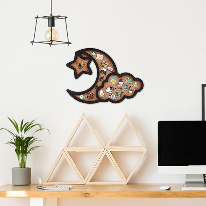 BENECREAT Cloud Moon Pin Board Cork Board, 12.4x10inch Star Bulletin Display Board Wall Mounted Board with Black Frame for Brooch Pin Storage Display, Office Home School Decor