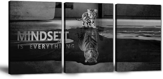Inspirational Quotes Wall Art - Mindset is Everything Canvas Print Motivational Posters Cute Cat Tiger Animals Poster Office Pictures Artwork for Home Wall Decor, Framed Ready to Hang, 20"x28"x3PCS