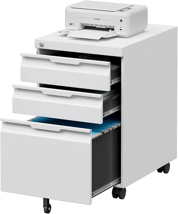 3 Drawer Metal Rolling File Cabinet with Lock, Under Desk Mobile Filing Cabinet for Home Office, Steel Storage Cabinet with Wheels for A4/Letter/Legal Documents, Easy Assembly, White