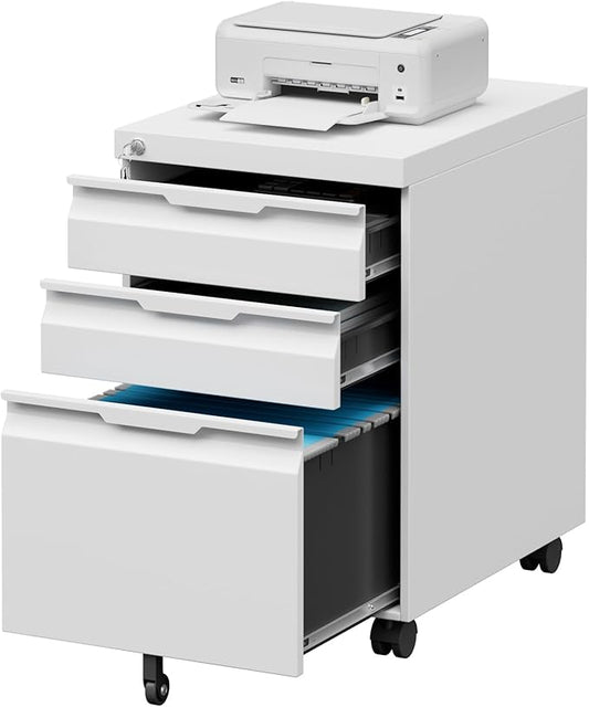 3 Drawer Metal Rolling File Cabinet with Lock, Under Desk Mobile Filing Cabinet for Home Office, Steel Storage Cabinet with Wheels for A4/Letter/Legal Documents, Easy Assembly, White