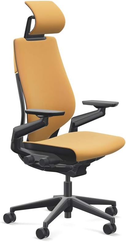 Steelcase Gesture Office Desk Chair with Headrest Cogent Connect Tangerine Orange Fabric Standard Black Frame Hard Floor Casters