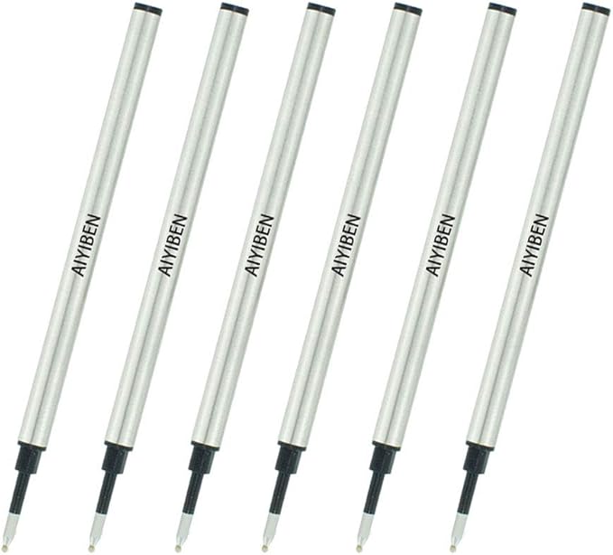 4.37 inch Rollerball Pen Refills, Roller Ball Fine Point 0.5mm, Black Ink Refill Pack of Replaceable Pen Refills Medium Point (6 Pack)