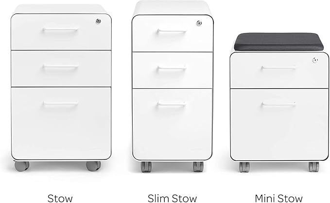 Poppin Stow 3-Drawer Rolling File Cabinet - White. 2 Utility Drawers and 1 Hanging File Drawer. Two Locking and Two Non-Locking Wheels. Powder-Coated Steel. Two Keys Included