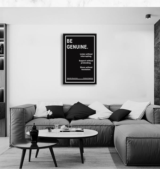 Motivational Wall Art Office Decor Be Genuine Inspirational Black Office Wall Decor Inspiring Wall Art for Living Room Decor Wall Paintings Posters Artwork Bedroom Home Framed [24''W x 36''H]