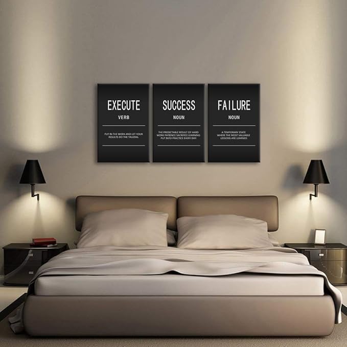 Inspirational Office Wall Decor 3 Piece Motivational Wall Art Execute Verb Wall Painting Picture Quote Success Failure Noun Posters Prints Black Canvas Artwork School Home Framed [48" W X 24" H]