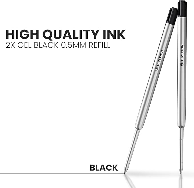 BASTION® Premium Pen Refill, Deeply Pigmented Ink for All Bolt Action Luxury Pens, Standard Ink Refill with 0.55mm Fine Tip - Black Gel, 2 PCs