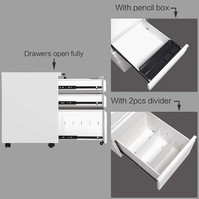 Anwick 3 Drawer Mobile File Cabinet with Lock, Under Desk Metal Filing Cabinet for Legal/Letter/A4 File, Fully Assembled Except Wheels (White)