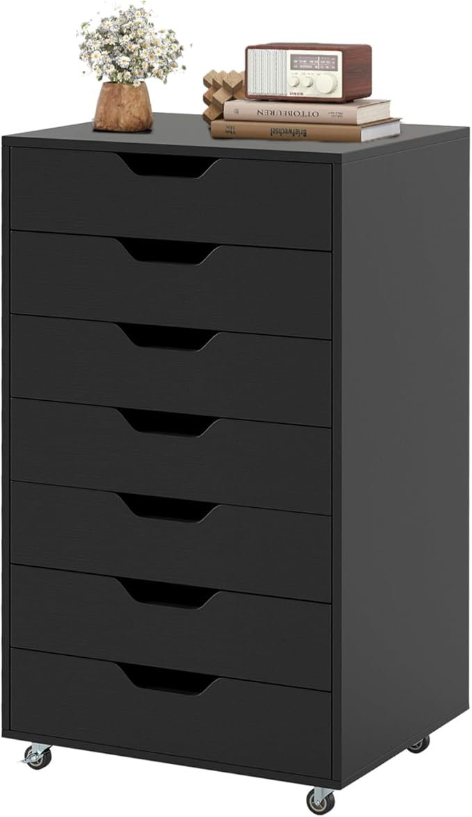 7 Drawer File Cabinet, 34.5" Vertical Storage Drawer Cart, Under Desk Office Organizer, Wooden Printer Stand, Rolling Filing Cabinet for Home Office (Black)