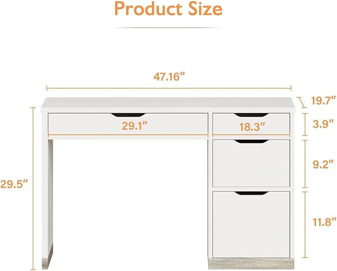 White Desk with Drawers, 48 Inch Small Computer Desk with 4 Storage Drawers for Small Space, Home Office Desk for Bedroom with Storage File Drawer