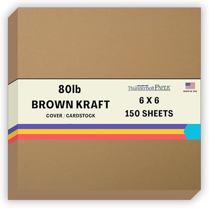 150 Brown Kraft Fiber 80# Cover Paper Sheets - 6" X 6" (6X6 Inches) Square Scrapbook Album Size - Rich Earthy Color with Natural Fibers - 80lb/Pound Cardstock - Smooth Finish