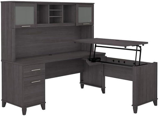 Bush Home Somerset 72W 3 Position Sit to Stand L Shaped Desk with Hutch in Storm Gray | Adjustable Height Table for Home Office