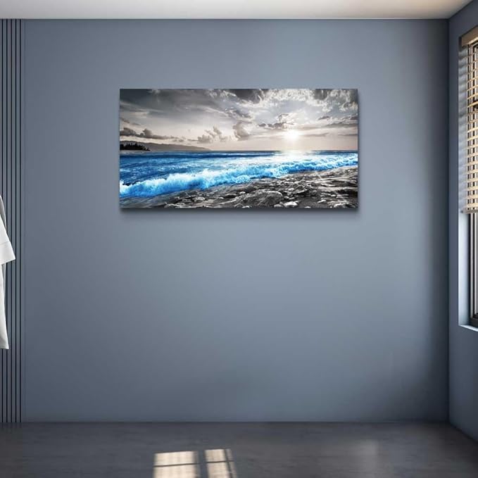 hyidecorart Wall Decor For Living Room Framed Canvas Wall Art For Office Bedroom Decorations Blue Ocean Wall Painting Black and White Beach Pictures Artwork Modern Mural Home Walls Decor