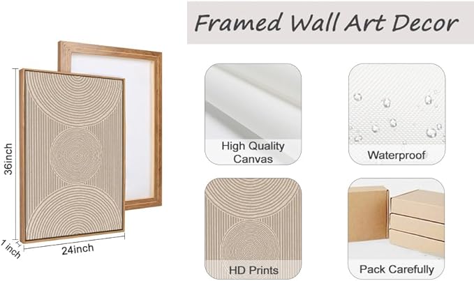 Ausril 3 Pcs Neutral Abstract Framed Wall Art, Mid Century Modern Canvas Wall Decor, Boho Geometric Line Wall Painting, Beige Minimalist Textured Art Print for Living Room Bedroom Office - 24x36inch