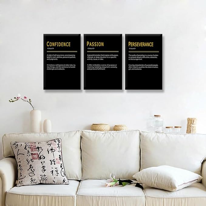 WYJDFART Motivational Wall Decor PASSION CONFIDENCE PERSEVERANCE Noun Inspirational Quotes Wall Art Printed Artwork for Office Home Bedroom Workplace Framed Ready to Hang [48''Wx 24''H]