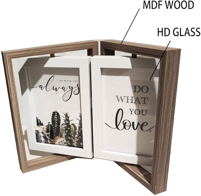 Wooden Hinged Double floating rotating Picture Frame for Photos, 4 * 6 5 * 7 vertical photo Natural Finish (grey color, 4 * 6in)