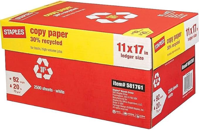 Staples 30% Recycled 11-Inch x 17-Inch Copy Paper 20 lbs 92 Brightness 500/Ream 5 Ream/Count