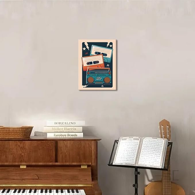 Retro Music Wall Art - Mid Century Cassette Player Canvas Print Aesthetic Room Wall Decor Retro Music Posters Picture Artwork for Living Room Home Office Bedroom Studio Decoration, Framed (12"x16")