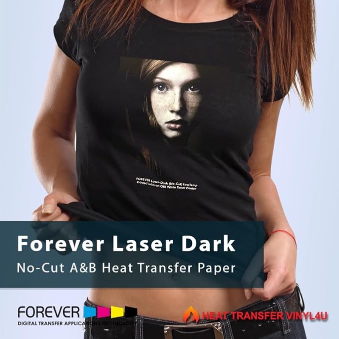 Forever Laser Dark No-Cut Paper 8.5" x 11" A+B (50 Sheets) - Iron Heat Transfer SS Film Sheet for T-shirts, DIY Craft