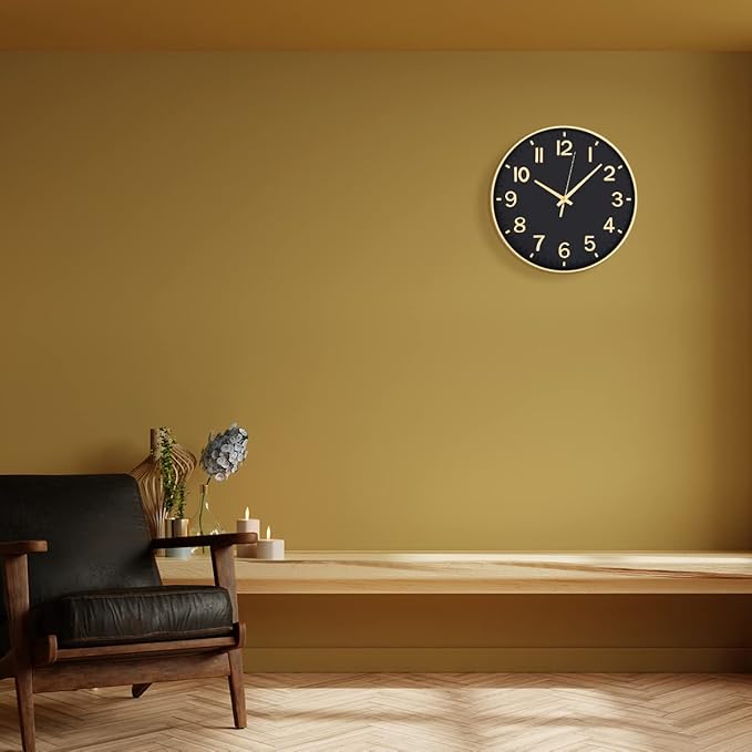 HZDHCLH Black Wall Clocks Battery Operated,12 inch Silent Non Ticking Modern Clock for Wall, 3D Numbers Wall Clock for Kitchen Bedroom Living Room Office Classroom Decor (Black-Gold)