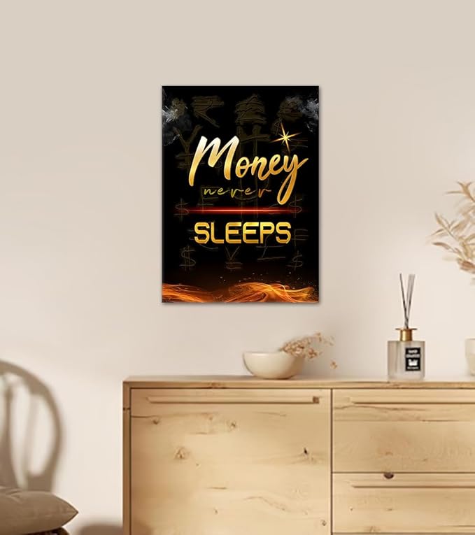 Inspirational Wall Art Money Never Sleeps Motivational Posters Wall Decor Black Golden Canvas Prints Artwork for Office Living Room Decoration Ready to Hang-12x16 inch