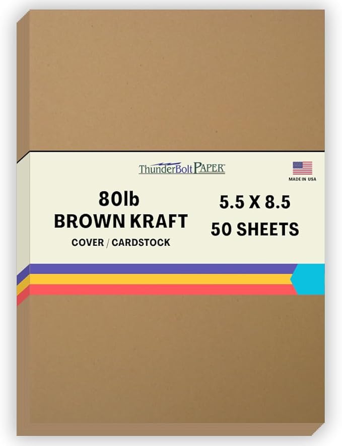 50 Brown Kraft Fiber 80# Cover Paper Sheets - 5.5 X 8.5 Inches Half Letter | Statement Size - Rich Earthy Color with Natural Fibers - 80lb/Pound Cardstock - Smooth Finish