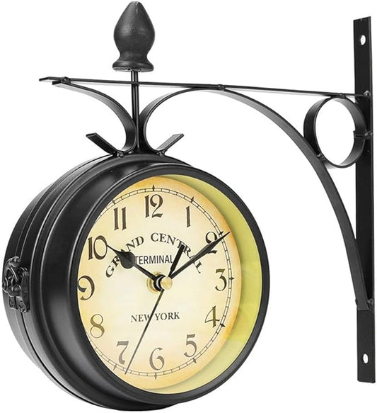 Clock for Bedroom Double Sided Wall Clock Retro Mute Clock Metal Iron Wall Mounted Home Decor Garden Coffee Bar Decoration Wall Clock Office Decor Wall Clock (A)