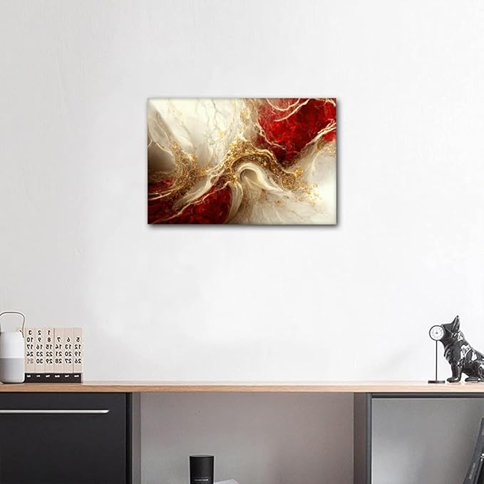 Wall Art for Living Room Abstract Backdrop Canvas Poster 1 Panel Wall Decor Red and Gold Colors Marble Art Picture Prints on Canvas for Men Bedroom Wall Decoration Framed Ready to Hang 24x16 in