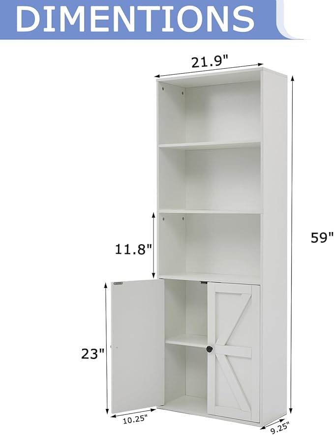 Bookshelves and Bookcases with Barn Doors Set of 2, Farmhouse Bookshelf with Display Shelves, Floor Standing 5-Tier Book Shelf with Storage Cabinet for Home Office, Living Room, Bedroom