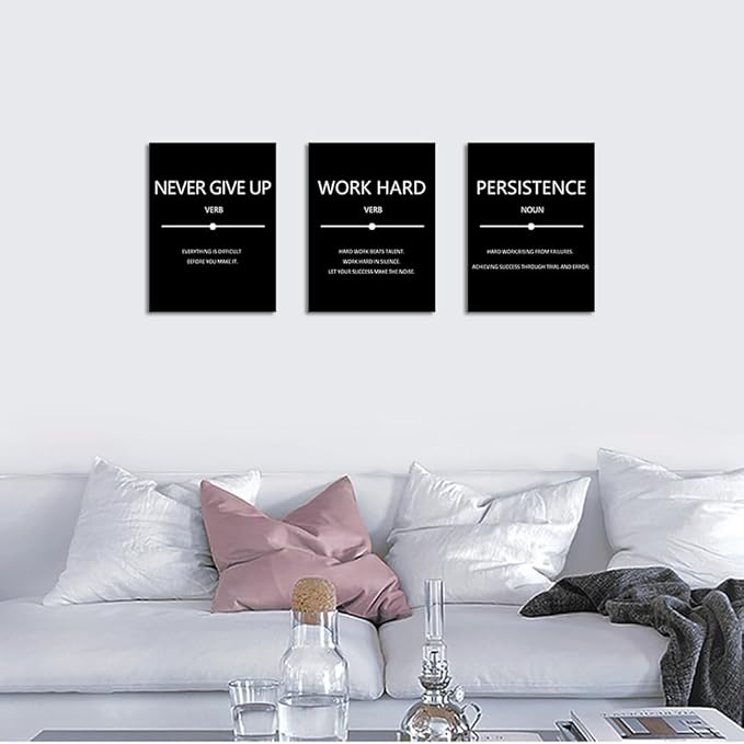 Unbruvo Inspirational Canvas Wall Art, Motivational Office Wall Decor, 3 Pieces Black Never Give Up Positive Quotes Wall Art for Workplace Living Room Bedroom(36''W x 16''H)